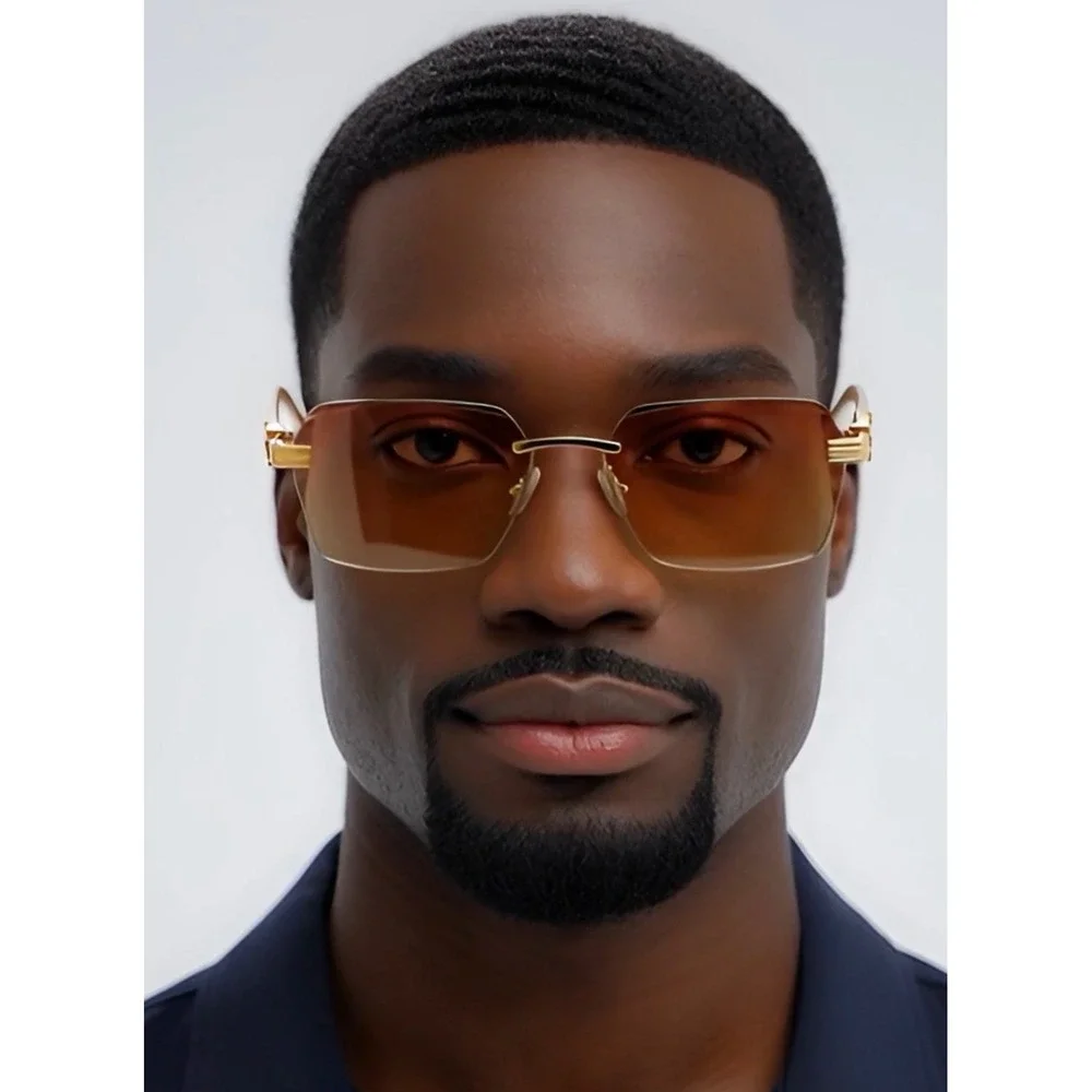 Mens‎ Rimless Rectangle Sunglasses Gold Metal Frame Cream Marble Gradient Lens